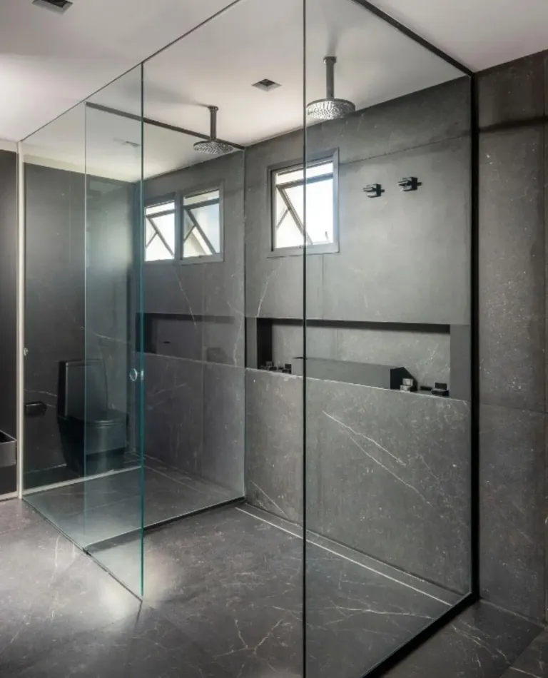 Grid-style glass shower enclosure