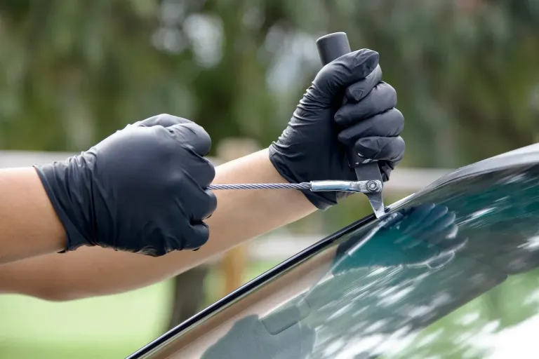 Technician using a windshield removal tool on a vehicle