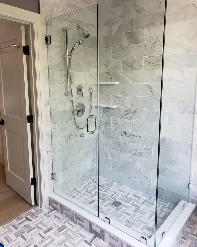 Corner shower glass with chrome hinges