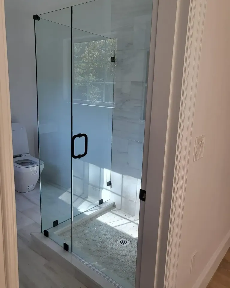 Clear shower glass with dark hardware
