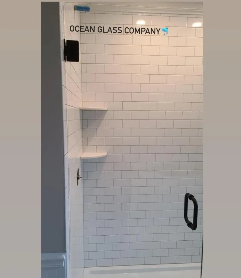 Glass shower door with dark hardware