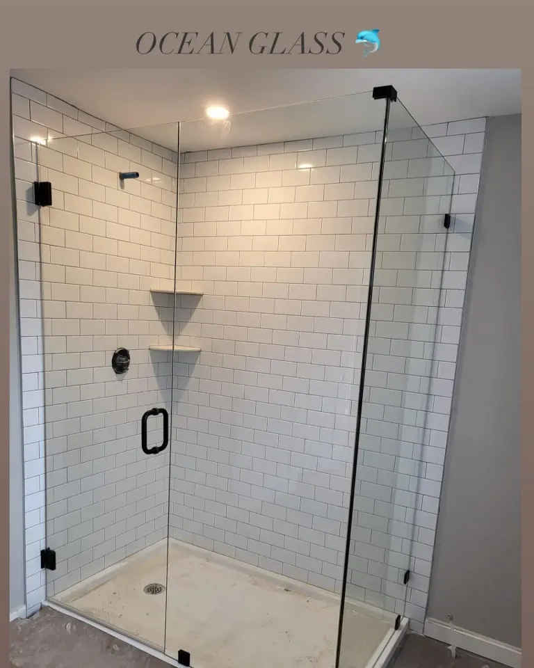 Another view of the shower with dark hardware