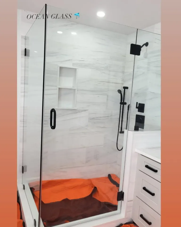 Shower glass installation with protective floor covering